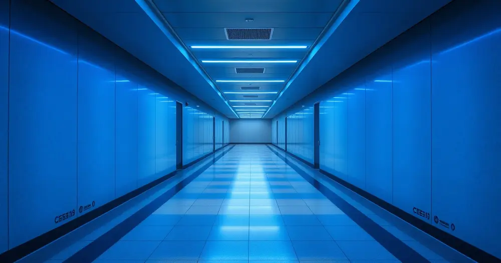 corredor moderno vazio com iluminação azul fria